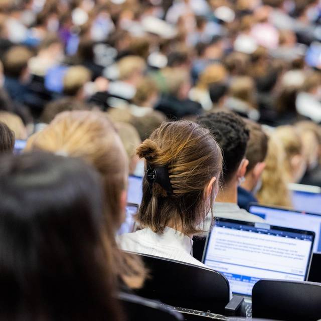 Studenten sitzen während einer Vorlesung in einem Hörsaal