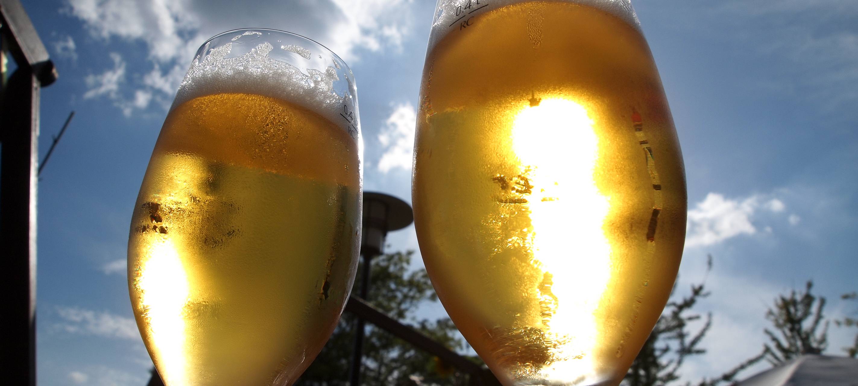 Biergläser, gefüllt im Gegenlicht der SOnne