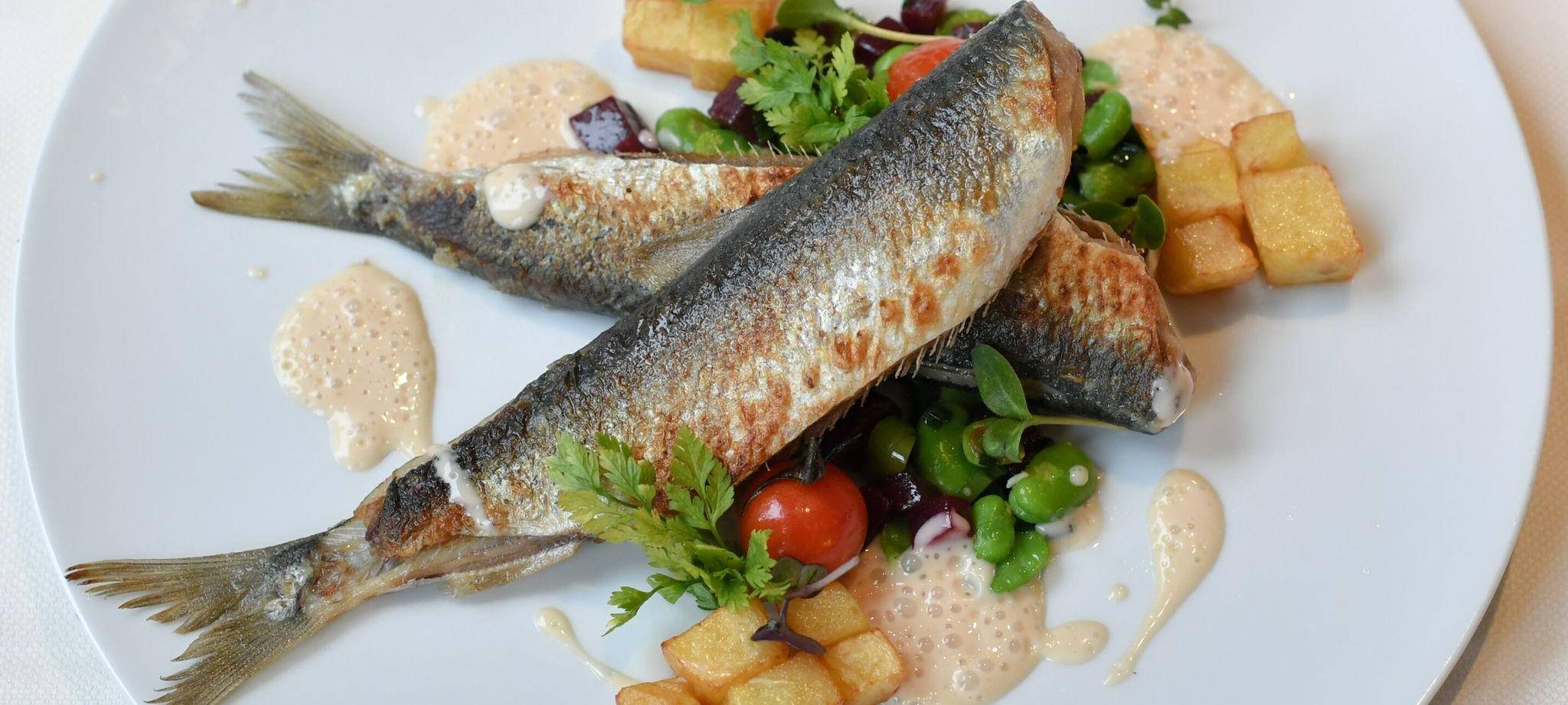 Gebratene Heringe mit Favabohnen und Risoleekartoffeln.